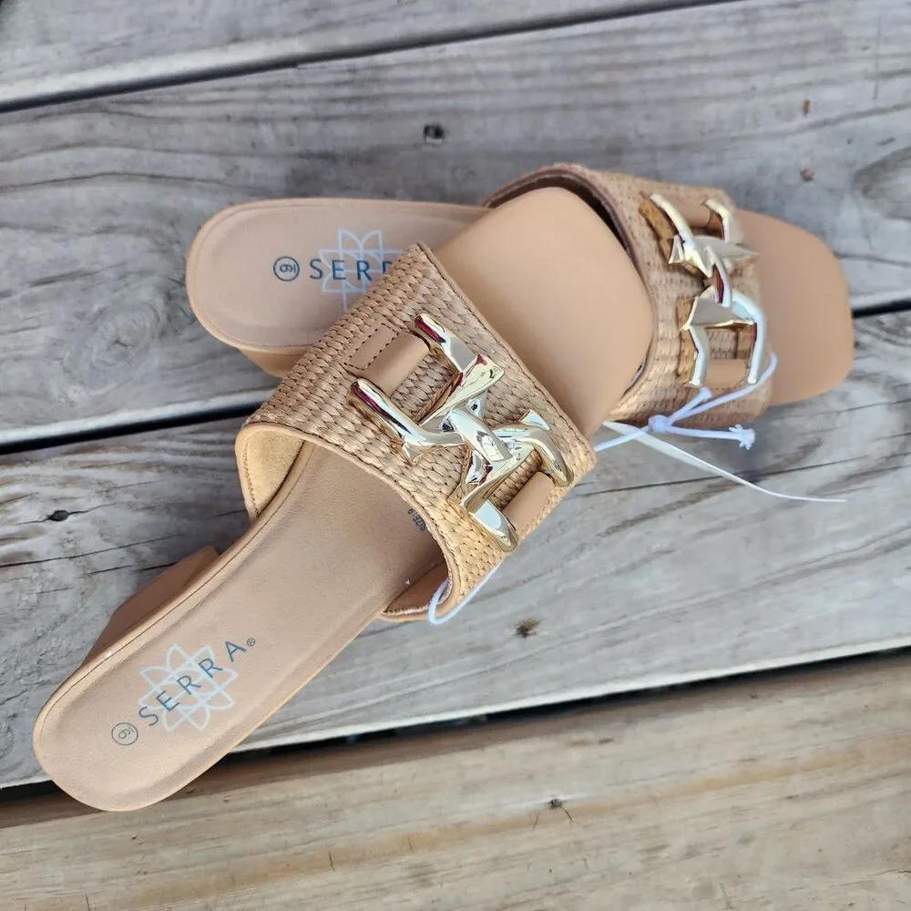 Serra Brown Block Heel Woven Design Gold Buckle Sandles Womens Size 9